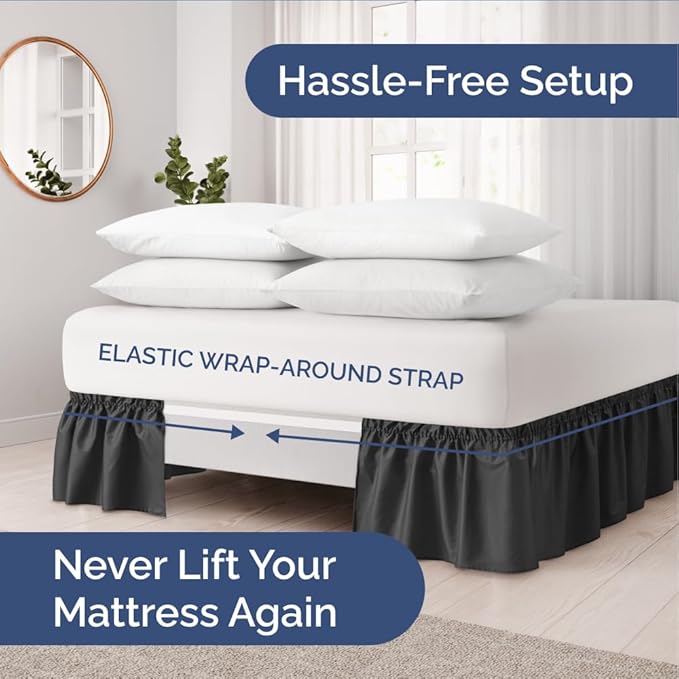 Wrap Around Dust Ruffle Bed Skirt - Black - for Full Size Beds with 24 Inch Drop - Easy Fit Elastic Strap - Adjustable Pleated Bedskirt w/Brushed Fabric - Wrinkle Free - for Women, Men, Kids & Teens