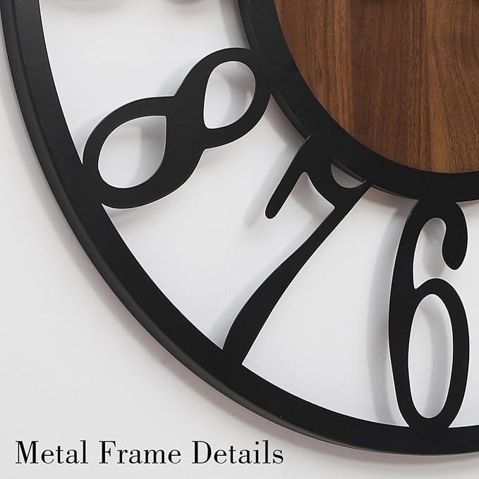 Industrial Modern Vintage Wood Wall Clock with Iron Frame & Artful Cutout Numerals, Non Ticking Battery Operated, Decorative for Farmhouse Living Room Office Kitchen Home Décor, 16 Inch