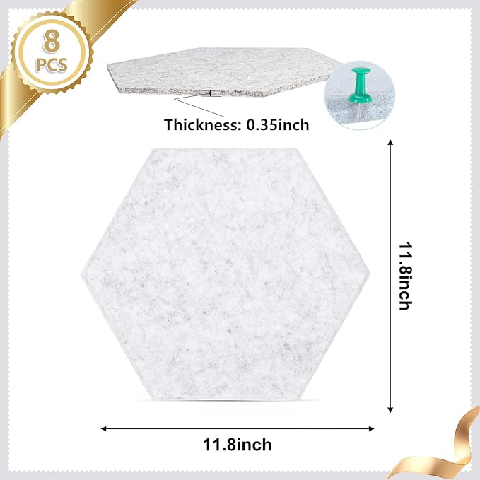 8 Packs Hexagon Felt Pin Board, 12" Bulletin Board with 30 Push Pins, Felt Board for Home Kitchen Office Decor, Self-Adhesive Corkboard Tiles for Walls School Message Photos Memos-Gray