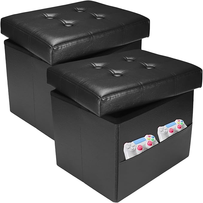 2PC Ottoman with Storage Foot Stool, 17 Inches Folding Storage Ottomans, Leather Upholstered Ottoman Foot Rest with Side Pockets, Suitable for Living Room, Bedroom, Cafe, Black