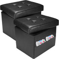 2PC Ottoman with Storage Foot Stool, 17 Inches Folding Storage Ottomans, Leather Upholstered Ottoman Foot Rest with Side Pockets, Suitable for Living Room, Bedroom, Cafe, Black
