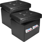 2PC Ottoman with Storage Foot Stool, 17 Inches Folding Storage Ottomans, Leather Upholstered Ottoman Foot Rest with Side Pockets, Suitable for Living Room, Bedroom, Cafe, Black