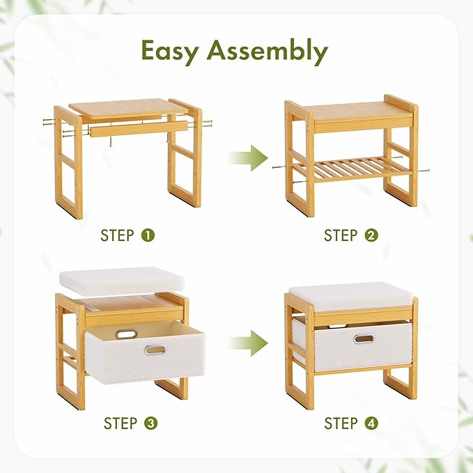Storage Ottoman, Bamboo Footstool with Drawer, 3-in-1 Soft Ottoman with Storage, Multifunctional Footrest, Seat & Organizer for Living Room, Bedroom, Entryway Gift Set for Family