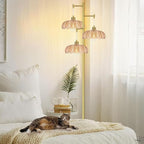 Floor Lamp for Living Room,Bedroom,Gold Mid Century Modern Standing Lamp Brass Tree 3 Light Tall Floor Lamps Vintage Retro Floor Lights Glass Flower Lamp Shade Farmhouse Boho Bohemian