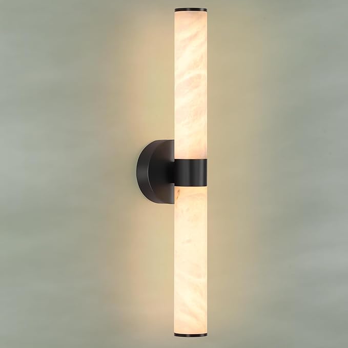 23.8in Alabaster Wall Sconce, Black Sconces with Spanish Marble, Modern Brass Wall Mounted Lamp, Hardwired LED Wall Lighting for Bathroom Bedroom Living Room Staircase Hallway Dining Room