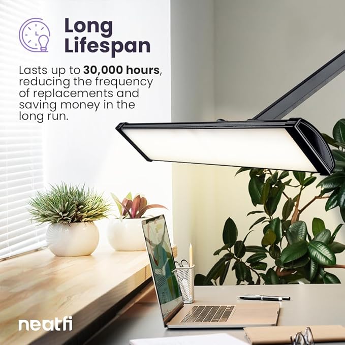 Neatfi LED Desk Lamp, 3,500 Lumens, 3 Light Modes, Dimmable, 45W, 26” Wide Shade, 540 SMD LEDs, Eye-Caring Task Lamp for Reading, Crafting, Workbench, Office (CCT with Clamp, Black)