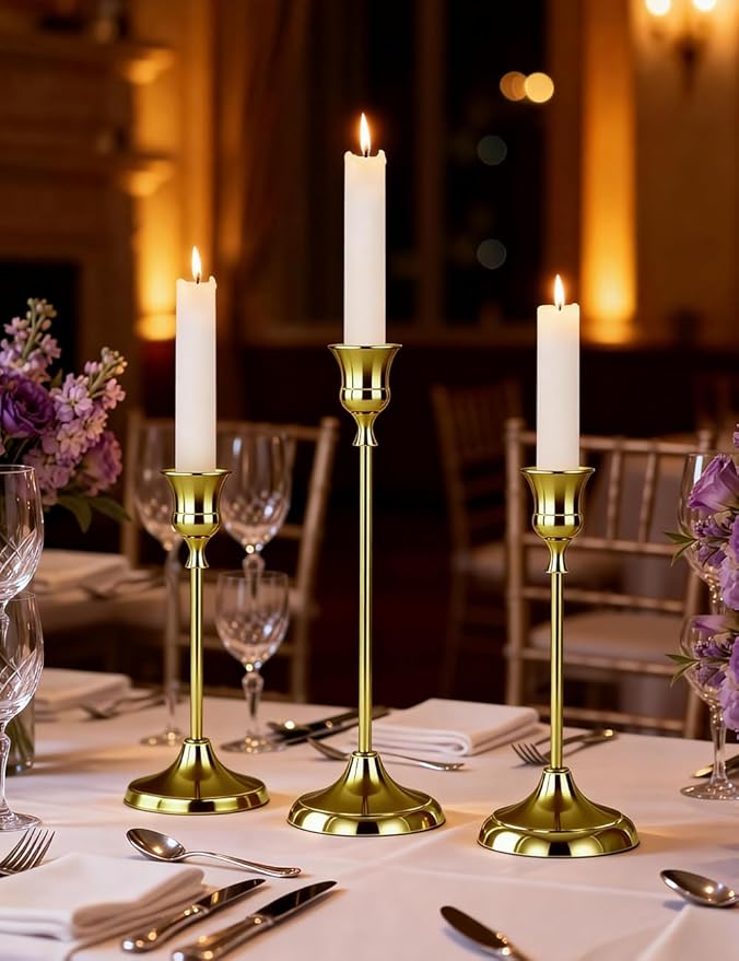 2 Sets(6 Pcs) Brass Tapered Candle Holder,Candlestick Tall Metal Candlestick Holders for Table Centerpiece Home Decor for Wedding Fireplace Mantel Housewarming Gift Fits 3/4 Inch Thick Candles