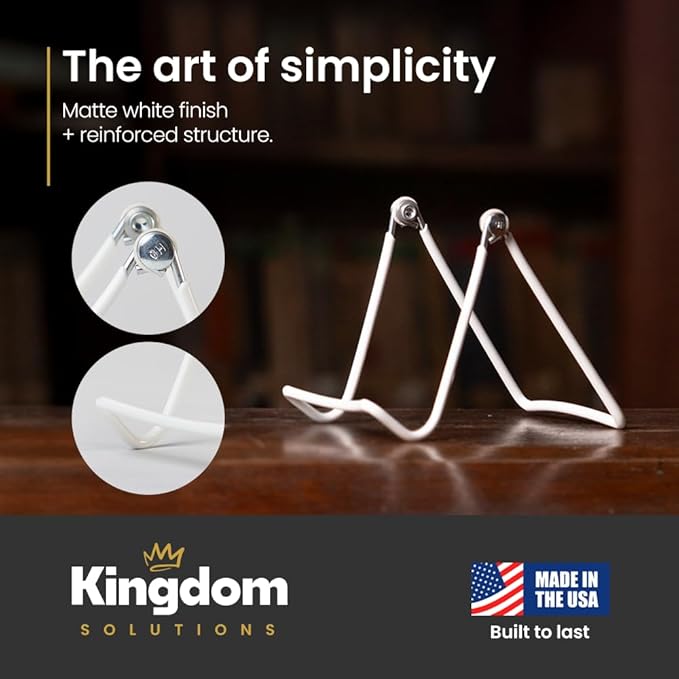 KINGDOM SOLUTIONS MADE IN USA 12-Pack Adjustable White Metal Easels - Book Stand - Sturdy Plate Stand for Art, Pictures, Books, Frames - Unique on the Market