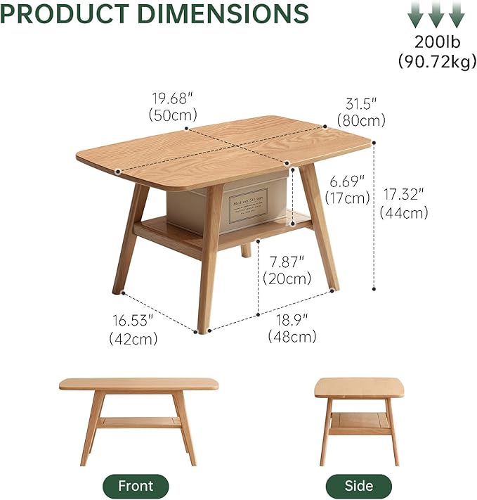Small Coffee Table for Living Room, 2-Tier Mid Century Modern Small Tables with Shelf Storage, Storage Coffee Table with Rounded Corners (Solid Oak Wood Log Color, 31.5'' L)