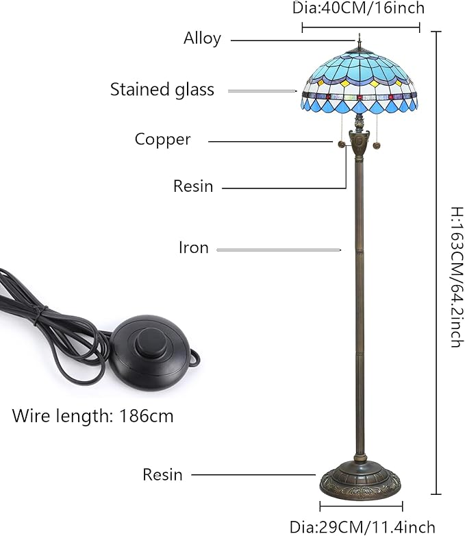 Tiffany Floor Lamp Blue Mediterranean Style Stained Glass Floor Light Bright Lighting Rustic Standing Lamp Vintage Unique Bronze Reading Corner Lamp for Home Decor Living Room Bedroom 16X16X64 Inches