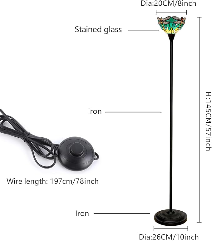 Tiffany Floor Lamp Tochiere Standing Green Dragonfly Style Stained Glass Floor Light Vintage Tall Pole Uplight Lamp Rustic Corner Lamp with Foot Switch for Home Decor Living Room Bedroom