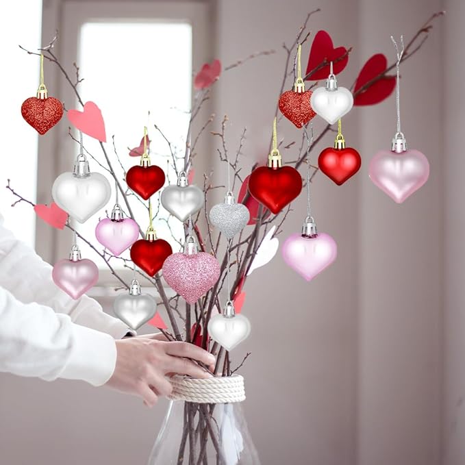 ZMCINER 36PCS 2 Sizes Heart Ornaments Valentine Ornaments for Tree Decorations, Valentine Day Ornaments for Heart Decorations (3 Colors)