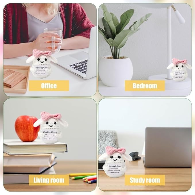WASTIME Funny Knitted Wool Doll Toy with Positive Card - Creative Cute Mini Crochet Positive Potato Dolls Cheer Up Gift for Family Kids Friends Encouragement Decoration (C- Positive Bunny)
