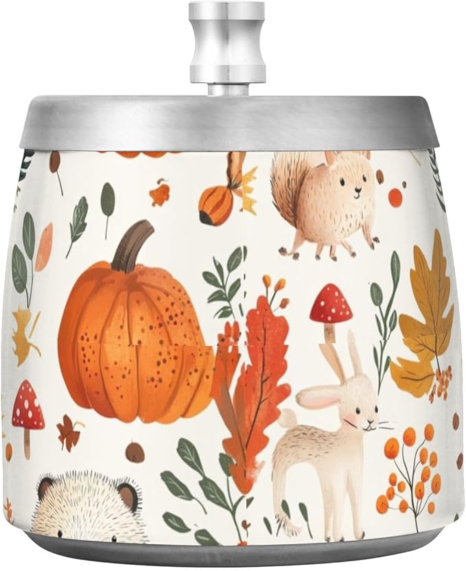 Mushrooms Fox Autumn Pumpkin Ashtray with Lid, Outdoor Ashtrays for Patio, Stainless Steel Ashtray Odorless Smokeless for Home Office Balcony