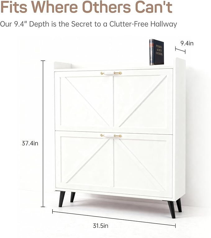 Shoe Storage Cabinet for Entryway with 2 Flip Drawers, Metal Slim Narrow Shoe Cabinet, Freestanding Hidden Shoe Organizer for Foyer, Hallway, Entryway - White