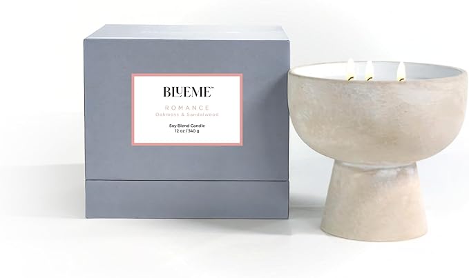Blueme Romance Candle | Oakmoss & Sandalwood | 3 Wick - Refillable Wellness Candle with Essential Oils, Hand Finished & Poured Soy Wax Blend Ceramic Vessel, Natural Cotton Wicks | Medium 12 oz