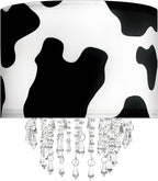 Black White Cow Print Lamp Shade with Acrylic Bead Droplets, Animal Drum Fabric Light Shade for Pendant Table & Floor Lamp, Cute Party Room Decor for Grandchild Kids Teens, 11.8in