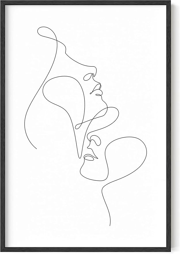 Minimalist Face to Face Wall Art Two Portraits Continuous Line Drawing 24x36 Inch Oak Wood Black Framed Modern Aesthetic Profile Print for Bedroom Decor