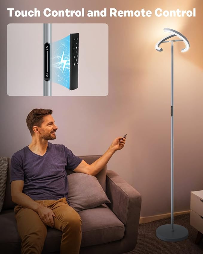 Silver Floor Lamps for Living Room, Stepless Dimmable Standing Lamp with Touch Remote Control, 22W Rotatable LED Floor Light Tall Uplighter for Bedroom Office, 69'' Modern Room Light