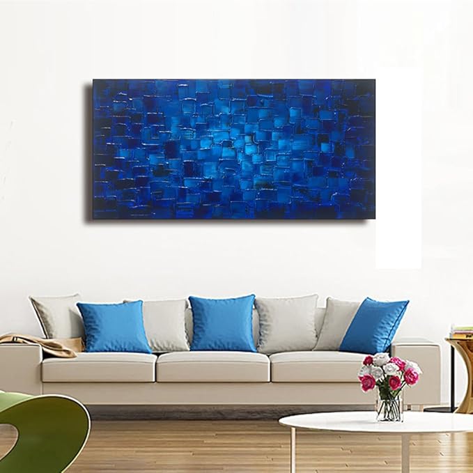 MyArton Large Abstract Dark Blue Square Wall Art Hand Painted Textured Oil Painting on Canvas Ready To Hang 60x30inch