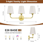 Kvhilw Bathroom Vanity Light, Brushed Gold Bathroom Light Fixtures, 3-Light Lighting Fixtures Over Miror, Modern Wall Sconce with Flared White Fabric Shade, E26 Socket(ETL Listed)