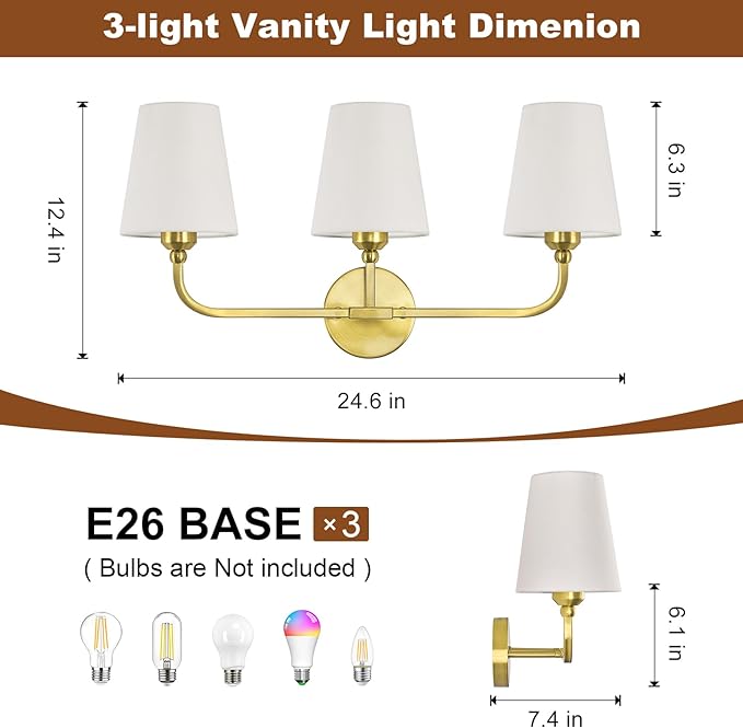 Kvhilw Bathroom Vanity Light, Brushed Gold Bathroom Light Fixtures, 3-Light Lighting Fixtures Over Miror, Modern Wall Sconce with Flared White Fabric Shade, E26 Socket(ETL Listed)