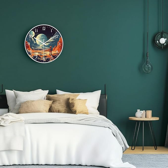 8 inch Silent Battery Operated Wall Clock, Decorative Round Wall Clock, Space Themed Astronauts