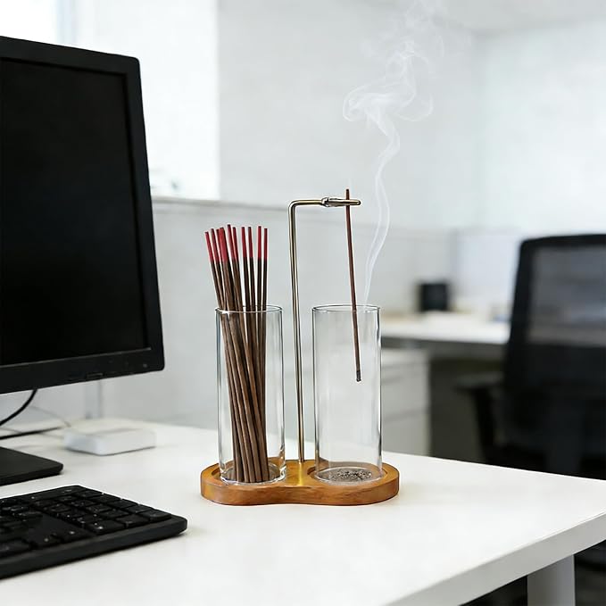 Incense Holder, 2-in-1 Wooden Incense Holder for Sticks with Glass Ash Catcher, Anti-ash Incense Burner for Meditation Yoga Spa Room Decor