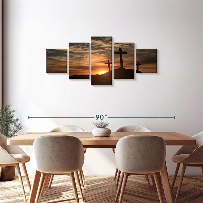 Elephant Stock Cross Silhouettes Wall Art Multi Piece Canvas - 5 Panel Christian Pictures Decor - Digital Design Canvas Print - Christian Wall Decor - 68" X 30"