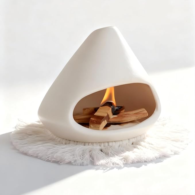 Ceramic Palo Santo Holder Burner,Incense Cone Holder,Mini Chiminea for Palo Santo Sticks and Sage Burner,with Handmade Heat Insulated Mat,Dust Brush,Metal Tweezer. (White)