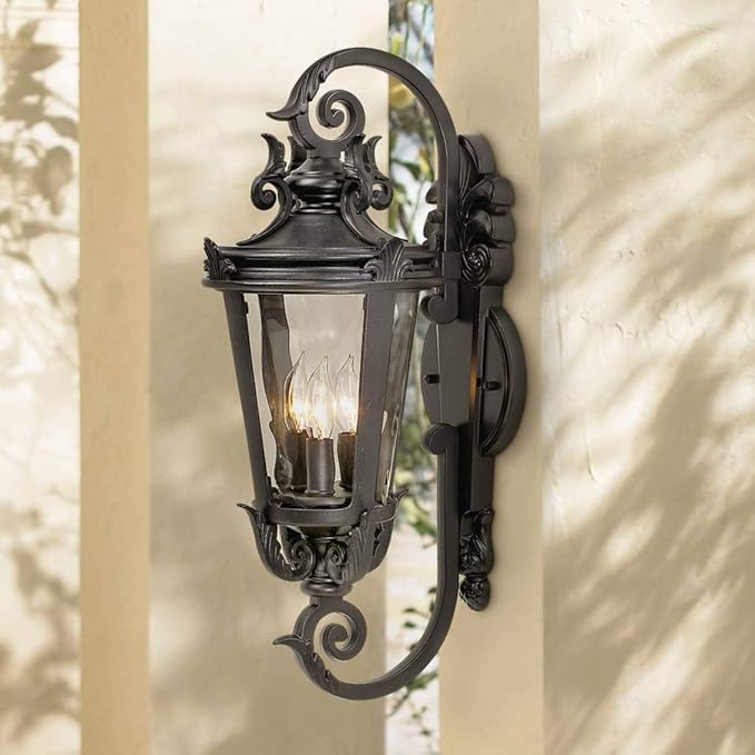 John Timberland Casa Marseille European Outdoor Wall Light Fixture Mediterranean Black Scroll Arm 21 1/2" Clear Hammered Glass for Exterior House Porch Patio Outside Deck Garage Front Door Home