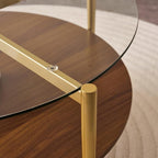 Round Coffee Table, Mid-Century Modern Design, D30“ x H17”, for Living Room, 2-Tier Structure, Clear Glass Top and Walnut MDF Shelf, Sleek Conical Metal Legs with Gold Finish