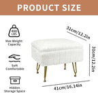 ACEQLYT® Small Foot Stool Ottoman with Storage, Foot Rest for Couch and Chair, White Faux Fur Storage Ottoman with Gold Metal Legs and Padded Seat