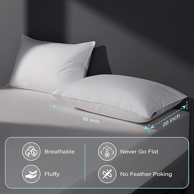 Goose Feather Down Pillow Standard Size Set of 2, Hotel Collection Bed Pillows for Sleeping, 2 Pack, Down Surrounded Soft Medium Firm Pillows for Side Back Sleepers 20 x 26 in.
