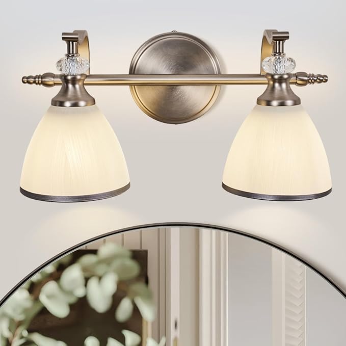 ANDY STAR Brushed Nickel Vanity Light, 2-Light Bathroom Light Fixtures with Milky White Bell-Shape Glass Shades, Eye-Friendly Bathroom Wall Lamp for Mirror, Kitchen, Bedroom, Hallway