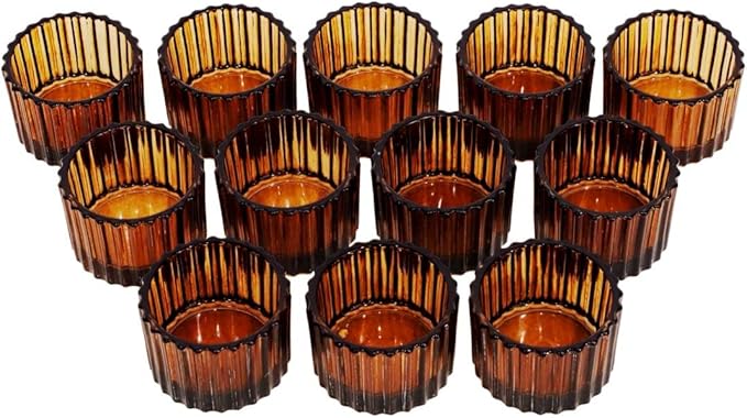 VOHO Amber Tealight Candle Holder Set of 12, 2'' x 1.4'' Glass Brown Small Votive Candle Holders Home Decoration, Clear Tealight Candles Holder for Table Centerpieces and Wedding Decor