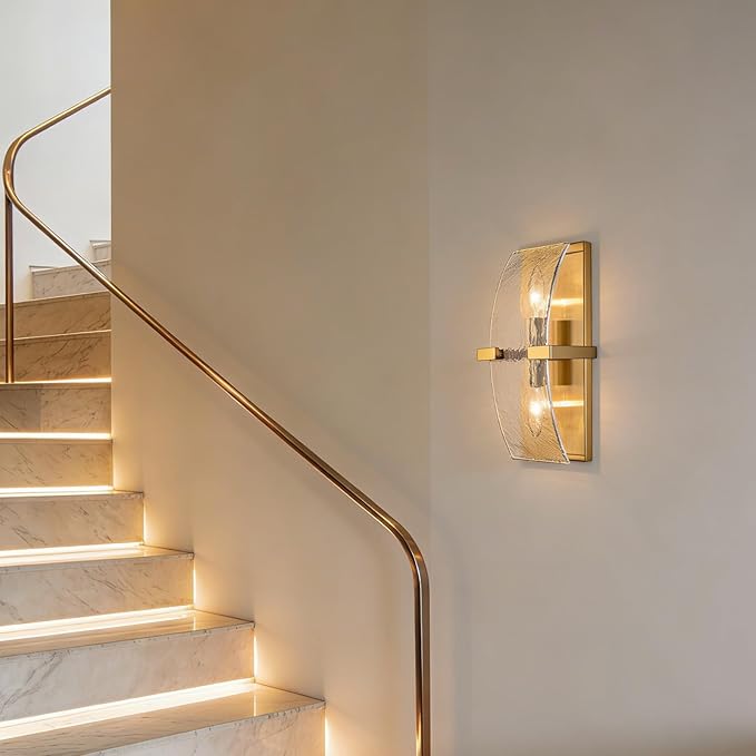 DANSEER 2-Light Modern Gold Wall Sconce - 13 Inch Hardwired Indoor Wall Light with Water Rippled Glass Shades and Gold Finish for Living Room, Bedroom, Kitchen, Hallway