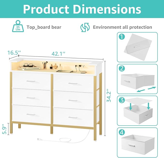 BOLUO Girls Dresser with LED Light and Charging Station for Bedroom 6 Fabric Drawer Dresser with USB Outlet Modern Gold