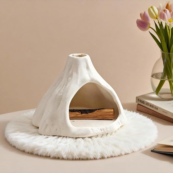 Ceramic Palo Santo Holder Burner,Incense Cone Holder,Mini Chiminea for Palo Santo Sticks and Sage Burner,with Handmade Heat Insulated Mat,Dust Brush,Metal Tweezer. (White Volcano)