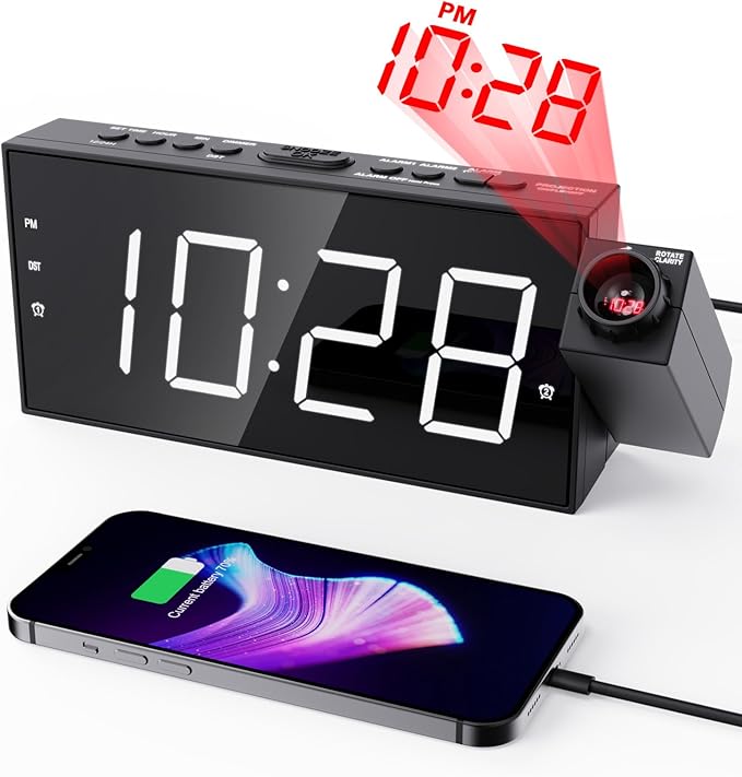 Projection Alarm Clock on Ceiling,Digital Clock for Bedroom with Battery Backup,7”Large Display,USB Charger,Dimmer,180° Rotatable Projector,12/24H,Snooze,DST,Loud Alarm Clock for Kids,Adults,Elders
