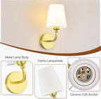 Modern Wall Sconces Set of 2, Hardwired Wall Lights with Flared White Fabric Shade, Brushed Gold Wall Lamps for Bedroom Bedside Stairway Bathroom Living Room(ETL Listed)