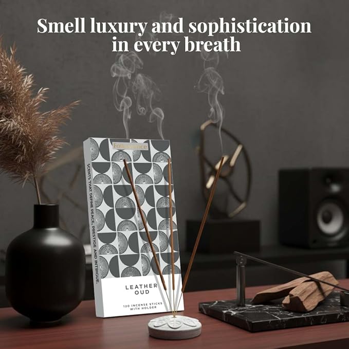 Folkulture Incense Sticks | Set of 120 Insence-Sticks with Holder for Relaxation | Leather Oud Incense| Organic, Slow Burning & Non Toxic Inscents | Luxe Fragrances for Meditation, Relaxation