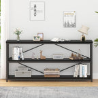 IBF 63" Black Low Horizontal Bookcase, Modern Long Wood Metal 3 Tier Book Shelf, Farmhouse Vintage Big Open Sturdy Bookshelf, Simple Large Wide Etagere for Home Living Room Office Bedroom, Black Oak