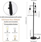 3 Lights Floor Lamp, Industrial Tree Lamp for Living Room Bedroom, Black Modern Dimmable Farmhouse Standing Lamp, Tall Pole with Clear Glass Shade