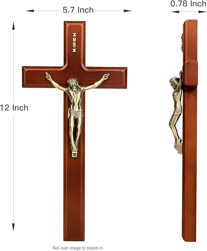 SISSIDA Crucifix Wall Cross, 12 Inch Handmade Wooden Catholic Crosses with Jesus Christ for Wall Decor