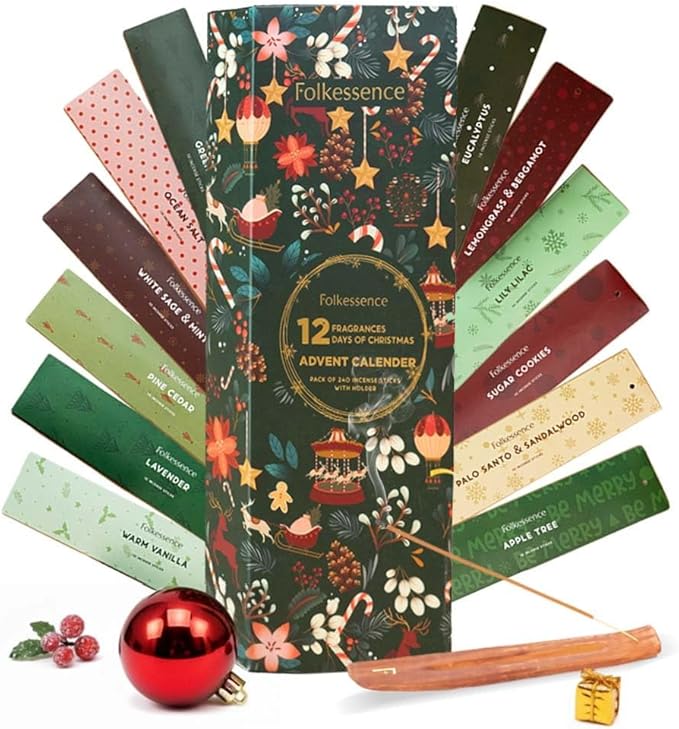 Folkulture Christmas Incense Sticks | Pack of 240 Organic Incense | 12 Days of Christmas Advent Calendar 2025 | Non-Toxic, Slow Burning Insense for Gifts for Women