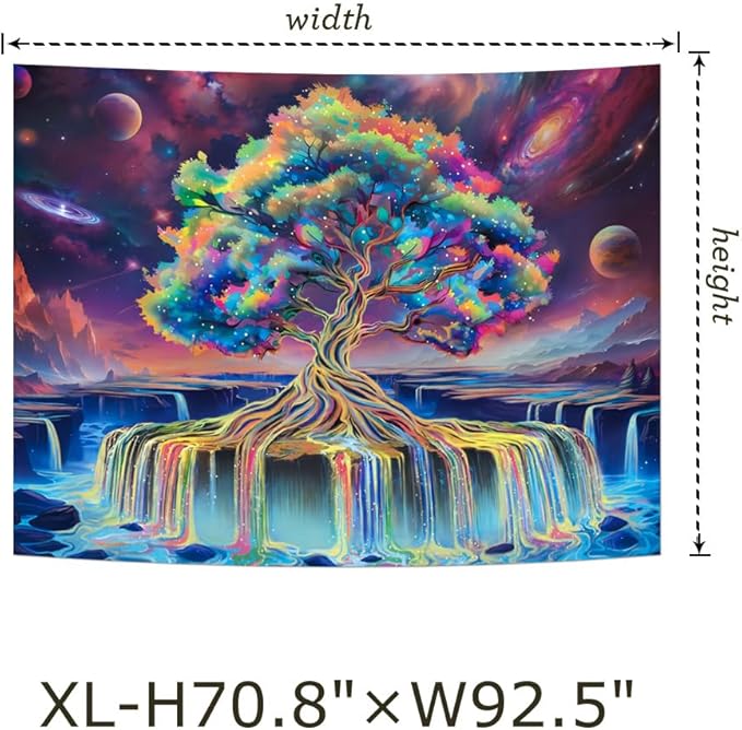 Obsecolors Blacklight Tree of Life Tapestry UV Reactive Waterfall Tapestry Galaxy Space Tapestries Aesthetic Tree Wall Art Colorful Starry Sky Tapestries Wall Hanging for Bedroom