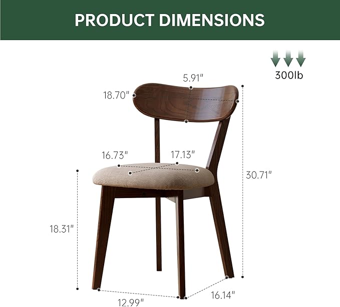 100% Solid Oak Dining Chairs, Mid Century Modern Dining Chair with Curved Backrest, Fabric Upholstered Dining Chairs for Kitchen, Study, Living Room (1, Walnut Wood-Gray Cushion)