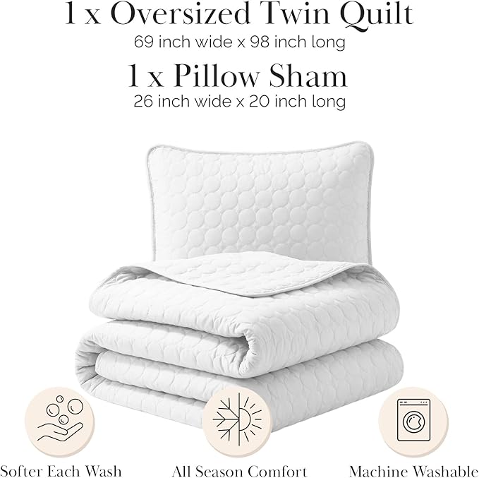 Southshore Fine Living, Inc. Twin XL Comforter Quilt Set, Dorm Room Bedding Essentials, Stain Resistant, Machine Washable Bed Spread, Twin XL White Quilt Bedspread Set w/Pillow Sham, Bright White