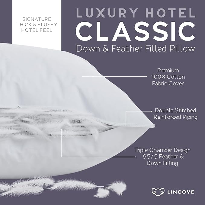 Lincove Hotel Collection Pillows for Sleeping - Premium Down and Feather, Luxury, Plush, Hypoallergenic - for Neck Pain, Back & Side Sleepers (Standard Size, 1 Pack)